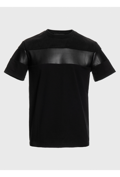 Horizzontal mix&match fabric details jersey + faux leather